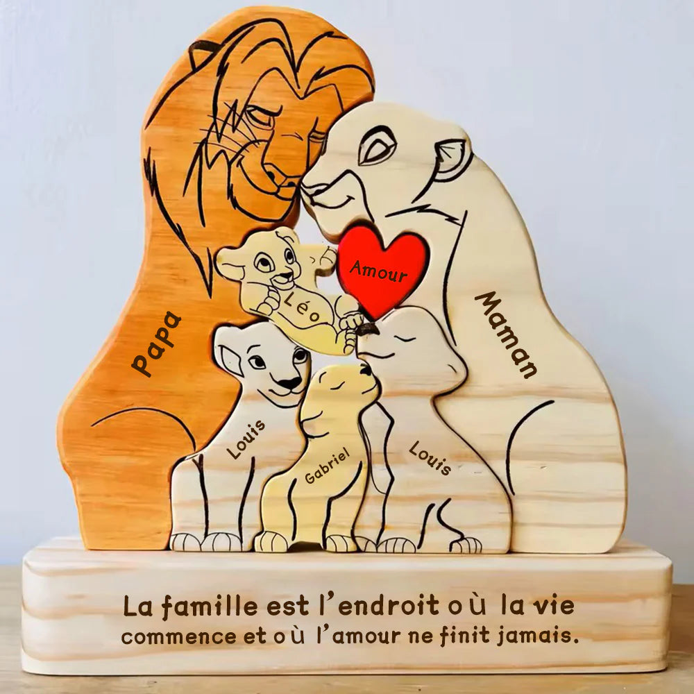 Puzzle personnalisé en bois Famille de lions – Décoration et cadeau personnalisés